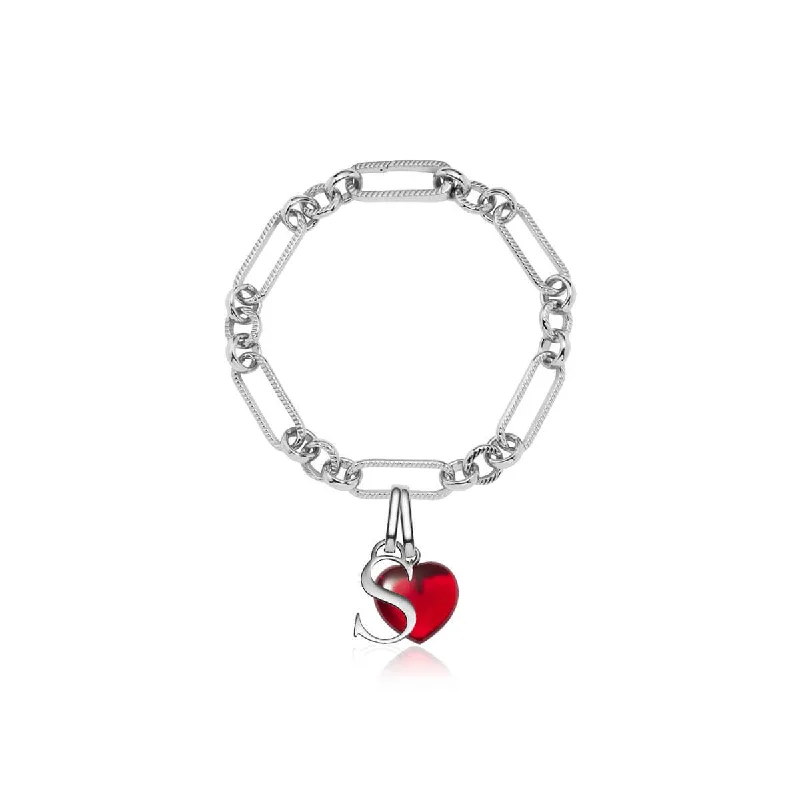 Personalized Wedding Bangles for Women-Letter & Birthstone Figaro Chain Bracelet (Silver)