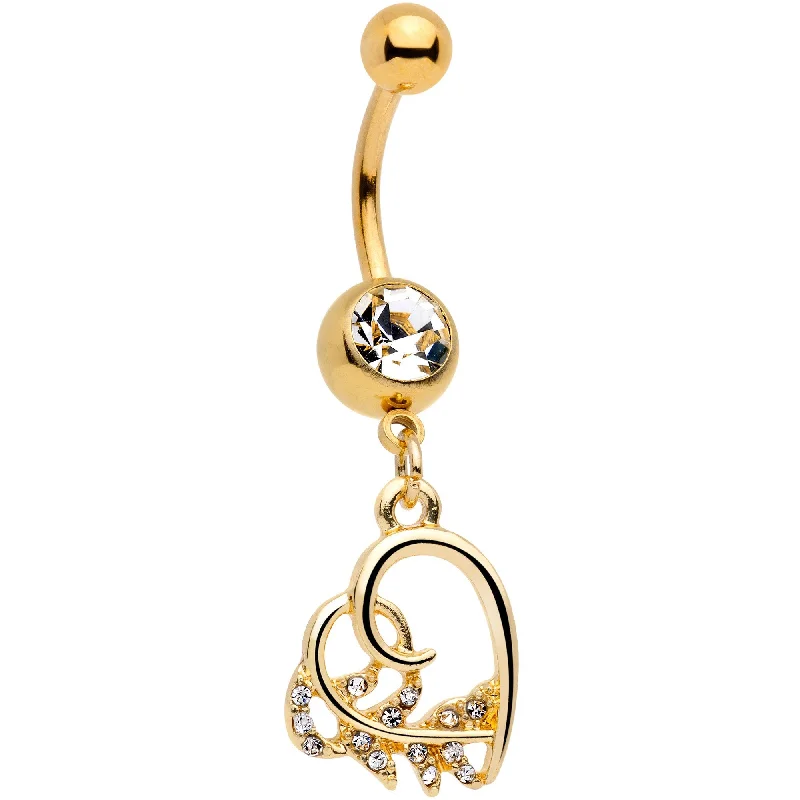 Beautiful Belly Rings for Everyday Glam -Clear Gem Gold Tone Elegant Lovers Heart Dangle Belly Ring Beautiful Belly Rings for Everyday Glam -Clear Gem Gold Tone Elegant Lovers Heart Dangle Belly Ring