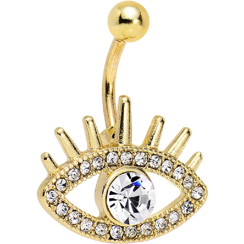 Classic Silver Belly Rings for Sleek Fashion -Clear Gem Gold Anodized Steel Fancy Lashes Eye Belly Ring Classic Silver Belly Rings for Sleek Fashion -Clear Gem Gold Anodized Steel Fancy Lashes Eye Belly Ring