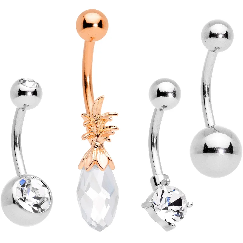Belly Rings for Trendy Piercings -Clear Gem Rose Gold Tone Pineapple Belly Ring Set of 4 Bonus Pack Belly Rings for Trendy Piercings -Clear Gem Rose Gold Tone Pineapple Belly Ring Set of 4 Bonus Pack