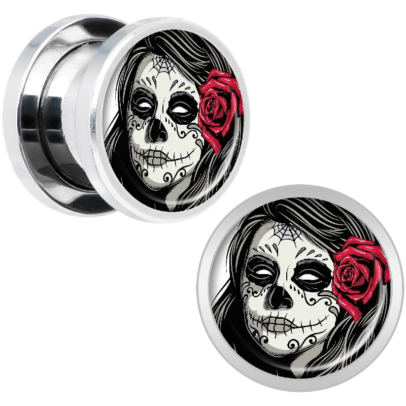 Women's Earrings – Elegant Designs for Every Personality--Katrina Sugar Skull with Rose Flower Steel Screw Fit Plug Set 00 Gauge Women's Earrings – Elegant Designs for Every Personality--Katrina Sugar Skull with Rose Flower Steel Screw Fit Plug Set 00 Gauge