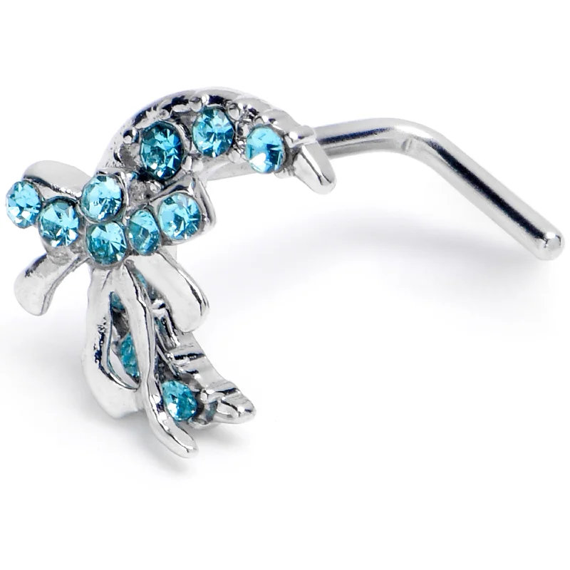 Stylish Nose Rings with Shiny Gems -20 Gauge 1/4 Blue CZ Gem Bow Moon L Shape Nose Ring Stylish Nose Rings with Shiny Gems -20 Gauge 1/4 Blue CZ Gem Bow Moon L Shape Nose Ring
