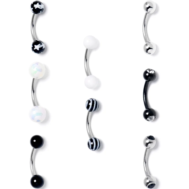 Women's Earrings – Elegant Designs for Every Personality--16 Gauge 5/16 Clear Gem Mix Black White Curved Eyebrow Ring Set of 8