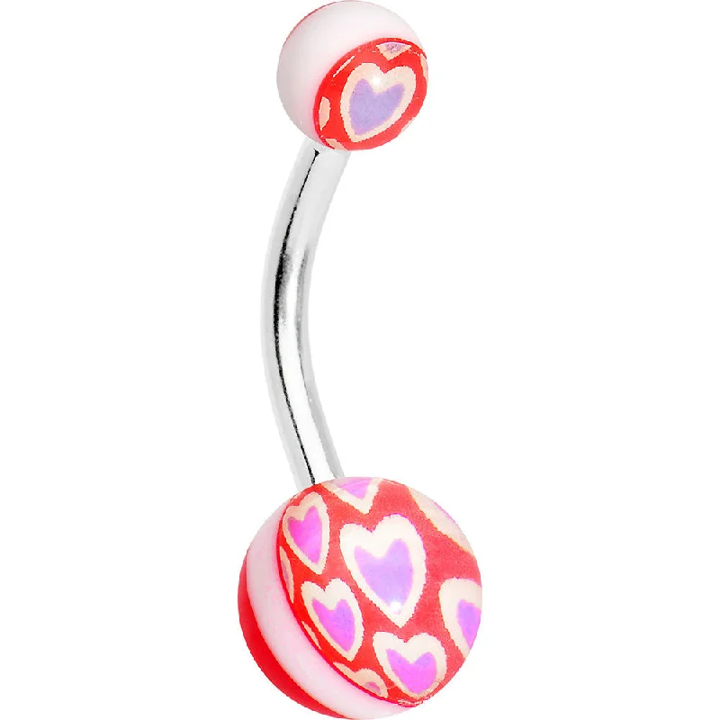 Belly Rings with Beautiful Accents -Pink Hearts on Red Acrylic Hearts Belly Ring