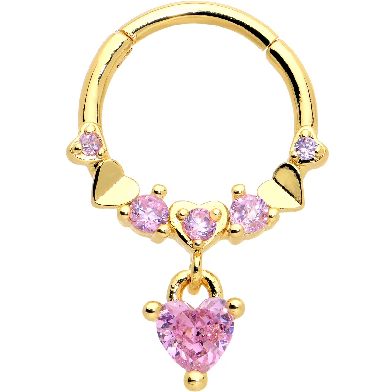 Women's Earrings – Elegant Designs for Every Personality--16 Gauge 3/8 Pink CZ Gem Gold Tone Love Heart Dangle Hinged Segment Ring