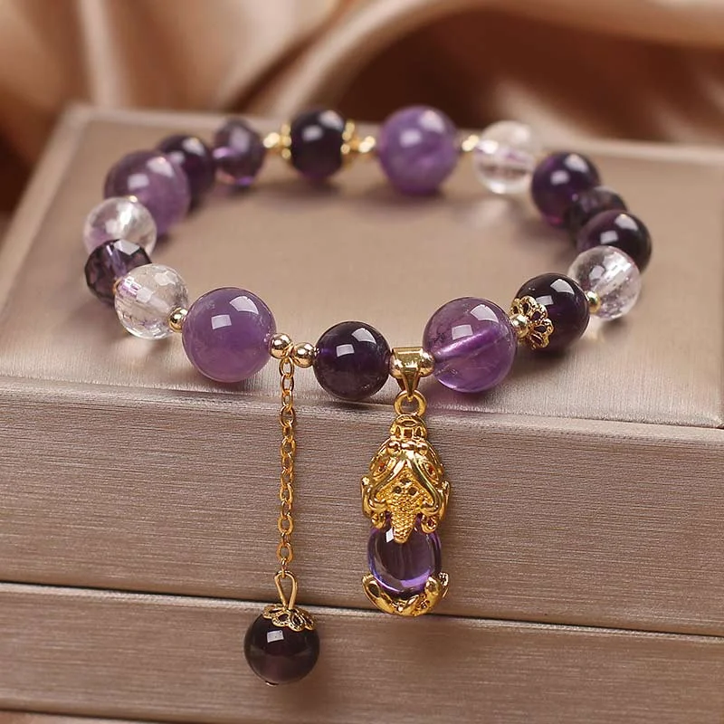 Custom Wedding Bangles for Women-Buddha Stones  Natural Amethyst PiXiu Healing Bracelet