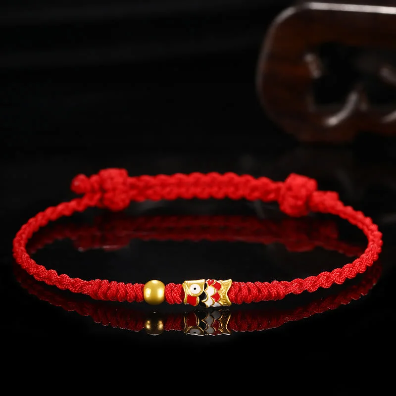 Men's Bracelets with Personalized Touches-Buddha Stones 999 Gold Luck Koi Fish Handcrafted Braided String Bracelet Men's Bracelets with Personalized Touches-Buddha Stones 999 Gold Luck Koi Fish Handcrafted Braided String Bracelet