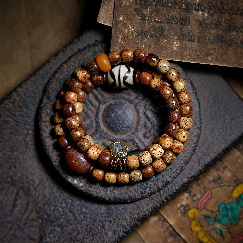 Leather Bracelets for Men-Buddha Stones Tibetan Bodhi Seed Amber Dzi Bead Agate Zakiram Goddess of Wealth Beads Triple Wrap Bracelet Leather Bracelets for Men-Buddha Stones Tibetan Bodhi Seed Amber Dzi Bead Agate Zakiram Goddess of Wealth Beads Triple Wrap Bracelet