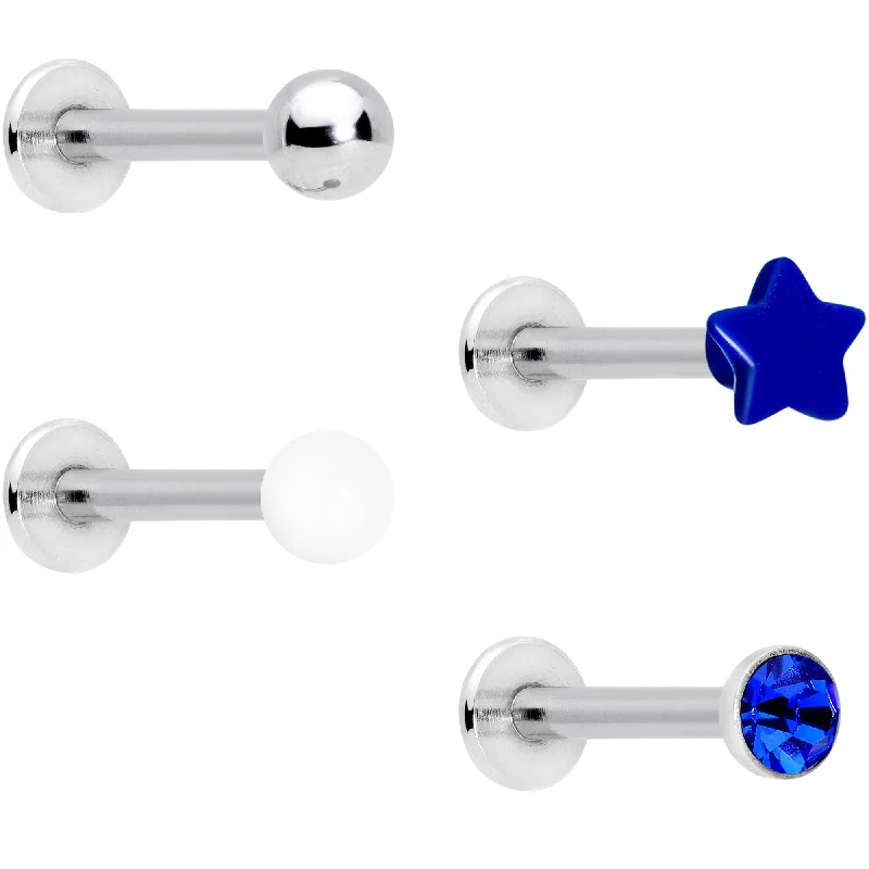 Women's Earrings – Elegant Designs for Every Personality--16 Gauge 3/8 Blue Gem Star Glow Internally Threaded Labret Set of 4 Women's Earrings – Elegant Designs for Every Personality--16 Gauge 3/8 Blue Gem Star Glow Internally Threaded Labret Set of 4
