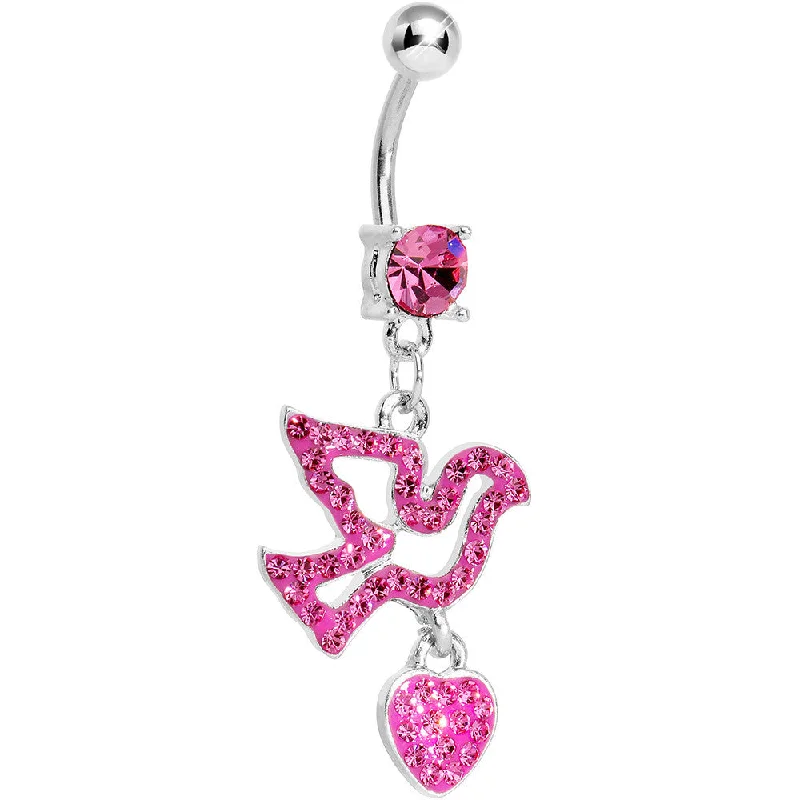 Belly Rings with Vibrant Colors for Bold Style -Pink Gem Paved Dove and Heart Dangle Belly Ring Belly Rings with Vibrant Colors for Bold Style -Pink Gem Paved Dove and Heart Dangle Belly Ring