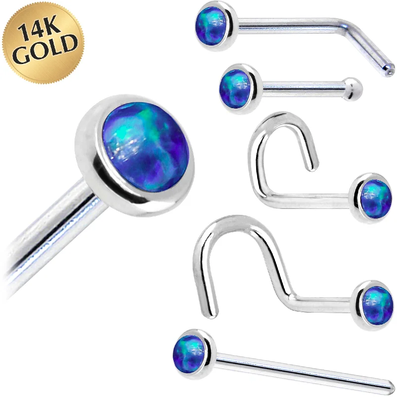 Bridal Nose Rings -Solid 14KT White Gold 2mm Dark Blue Synthetic Opal Nose Ring