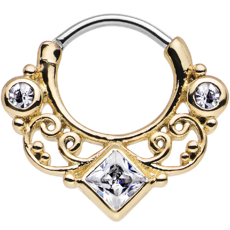 Comfortable Nose Rings for All-Day Wear -16 Gauge 3/8 Gold IP Clear CZ Lahori Palace Septum Clicker Comfortable Nose Rings for All-Day Wear -16 Gauge 3/8 Gold IP Clear CZ Lahori Palace Septum Clicker
