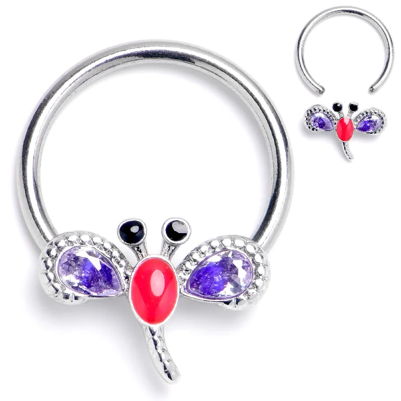 Women's Earrings – Elegant Designs for Every Personality--16 Gauge 3/8 Purple Gem Embellished Dragonfly BCR Captive Ring