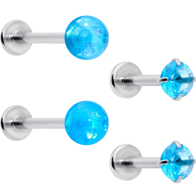 Women's Earrings – Elegant Designs for Every Personality--16 Gauge 5/16 3/8 Blue Gem Faux Opal Labret Monroe Tragus Set of 4