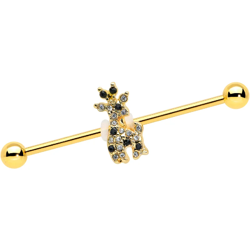 Women's Earrings – Elegant Designs for Every Personality--14 Gauge Black Gem Gold Tone Decadent Deer Industrial Barbell 38mm