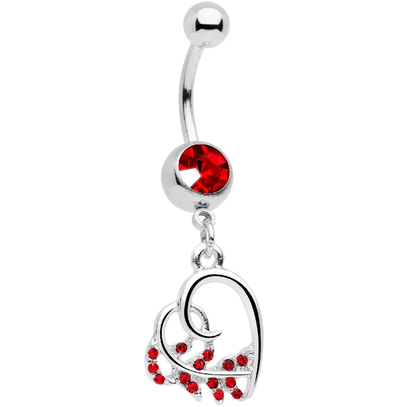Trendy Belly Rings for Fashion Enthusiasts -Red Gem Scrolling Embellished Heart Dangle Belly Ring Trendy Belly Rings for Fashion Enthusiasts -Red Gem Scrolling Embellished Heart Dangle Belly Ring