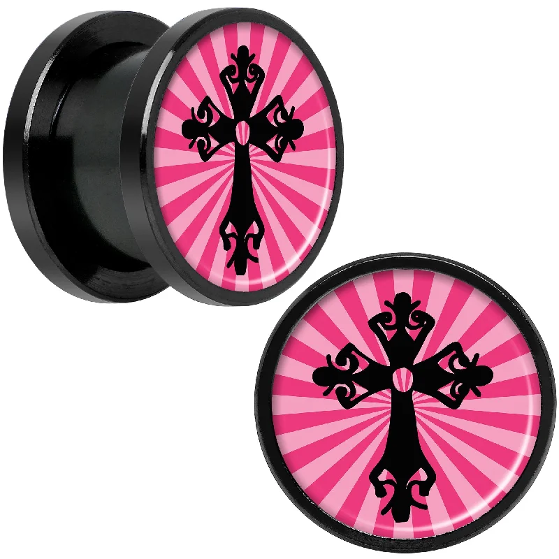 Women's Earrings – Elegant Designs for Every Personality--Pink Black Radiant Cross Black Anodized Screw Fit Plug Set 1/2 Women's Earrings – Elegant Designs for Every Personality--Pink Black Radiant Cross Black Anodized Screw Fit Plug Set 1/2