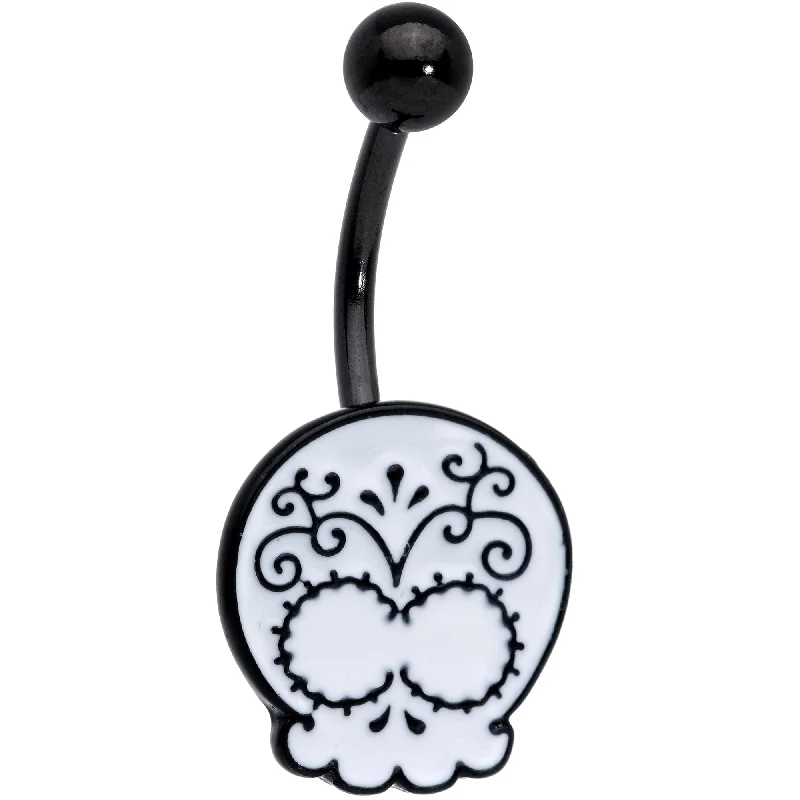 Simple Belly Rings with Elegant Accents -Black White Calavera Sugar Skull Belly Ring Simple Belly Rings with Elegant Accents -Black White Calavera Sugar Skull Belly Ring