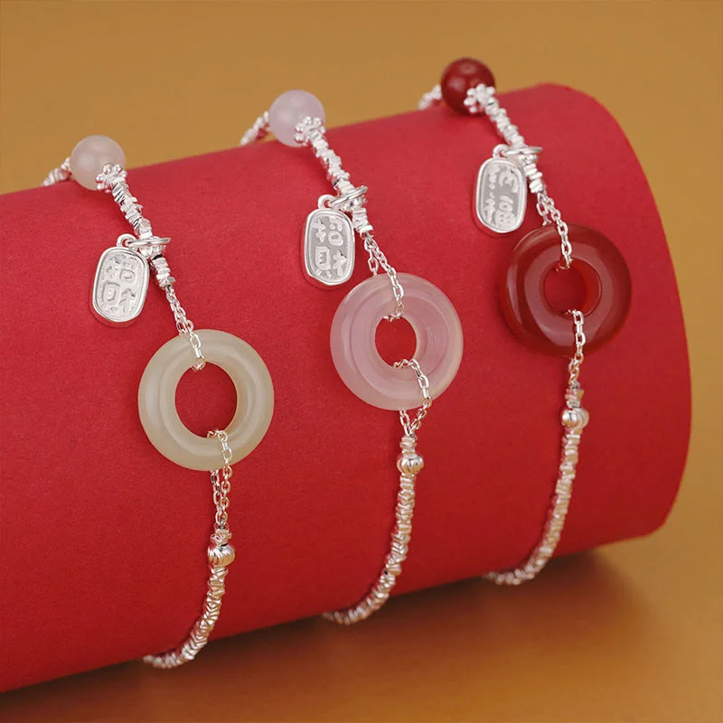 Women's Bangles with Subtle Engraving-Buddha Stones 925 Sterling Silver Hetian Jade Red Agate Chalcedony Peace Buckle Fu Character Luck Bracelet