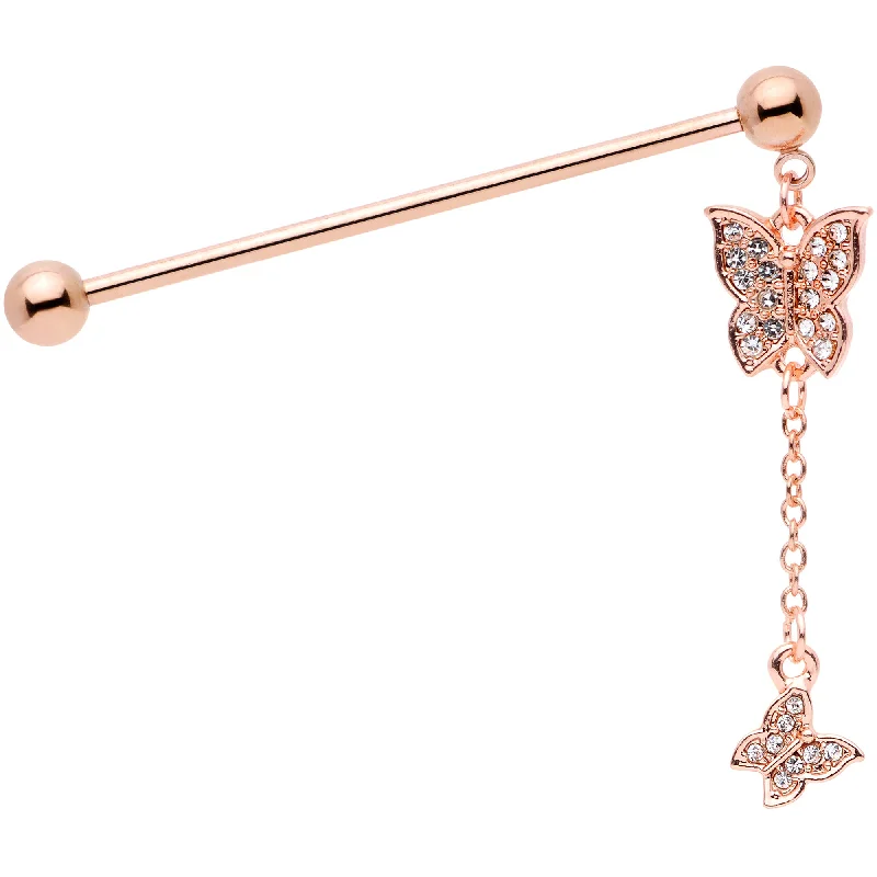 Women's Earrings – Elegant Designs for Every Personality--14 Gauge Clear Gem Rose Gold Tone Butterfly Dangle Industrial Barbell
