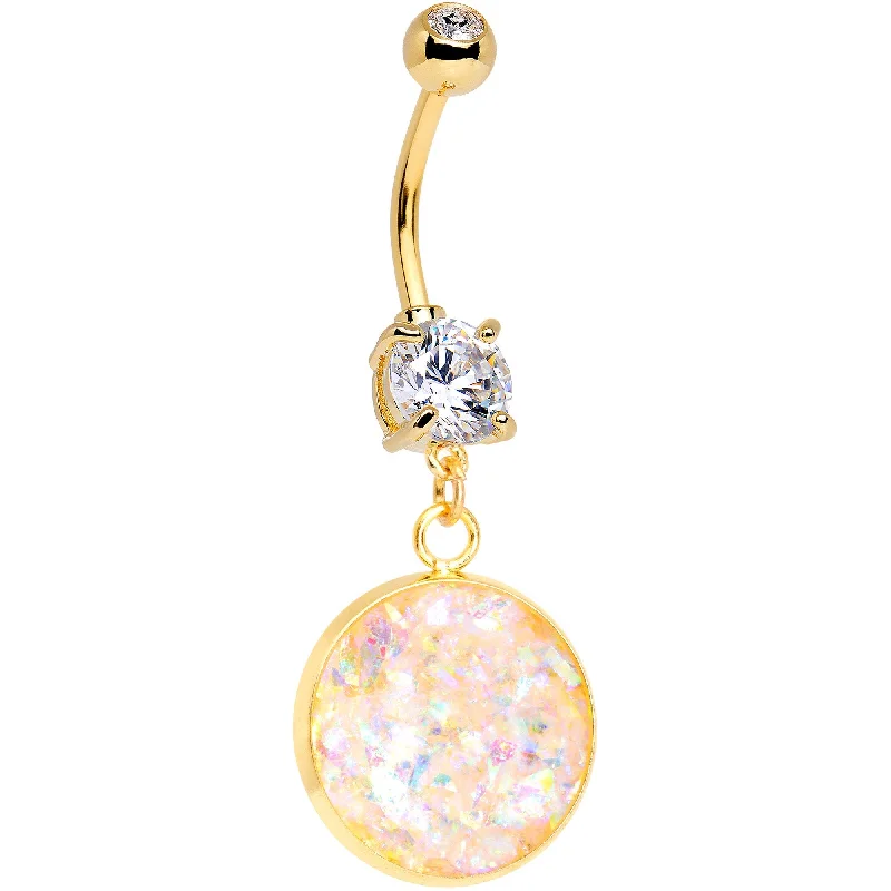 Trendy Belly Rings for Special Fashion -Handcrafted White Faux Opal Gold Plated Big Deal Dangle Belly Ring Trendy Belly Rings for Special Fashion -Handcrafted White Faux Opal Gold Plated Big Deal Dangle Belly Ring