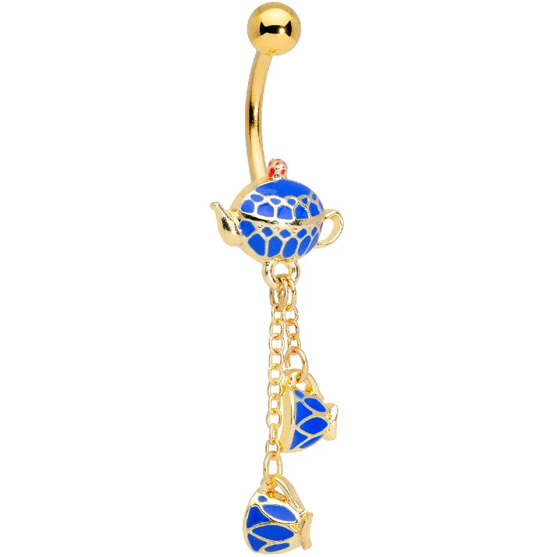 Belly Rings for a Polished Look -Gold Tone Blue Teacups Teapot Dangle Belly Ring