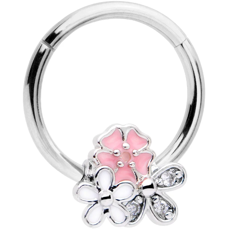 Nose Rings for Office Wear -16 Gauge 3/8 Clear CZ Gem Pink White Bouquet Hinged Segment Ring Nose Rings for Office Wear -16 Gauge 3/8 Clear CZ Gem Pink White Bouquet Hinged Segment Ring