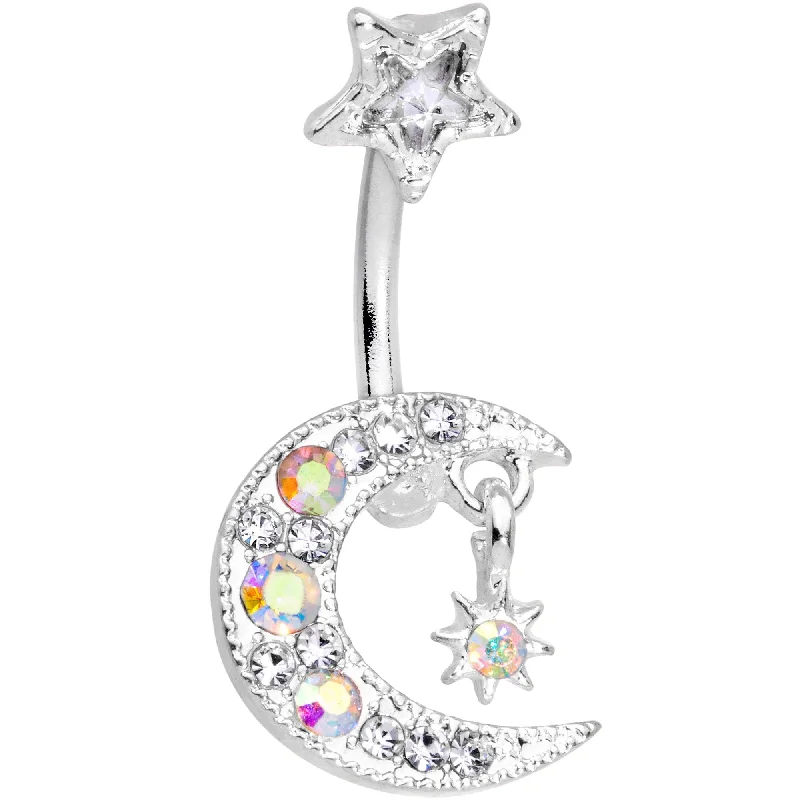 Designer Belly Rings for Glamorous Look -Clear Aurora Gem Crescent Moon and Star Duo Dangle Belly Ring Designer Belly Rings for Glamorous Look -Clear Aurora Gem Crescent Moon and Star Duo Dangle Belly Ring