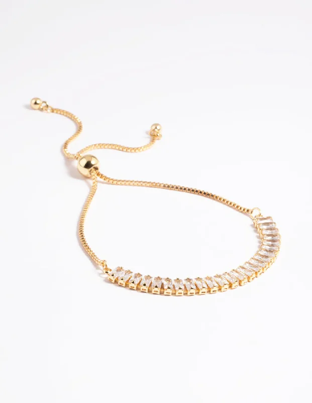 Women's Gold Bangle Bracelets-Gold Plated Cubic Zirconia Baguette Toggle Tennis Bracelet