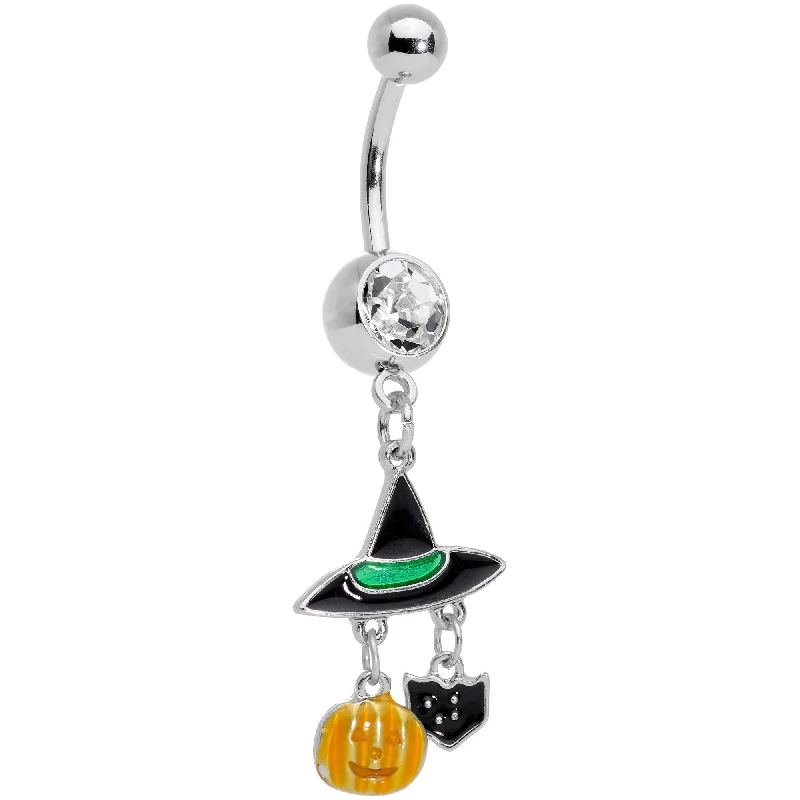 Beautiful Belly Rings with Gorgeous Shine -Clear Gem Witch Hat Bat Orange Pumpkin Halloween Dangle Belly Ring Beautiful Belly Rings with Gorgeous Shine -Clear Gem Witch Hat Bat Orange Pumpkin Halloween Dangle Belly Ring