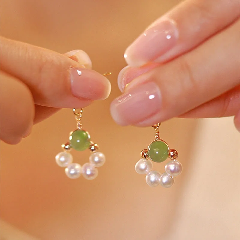 Women's Earrings – Elegant Designs for Every Personality--Buddha Stones Cyan Jade Pearl Bead Luck Drop Earrings