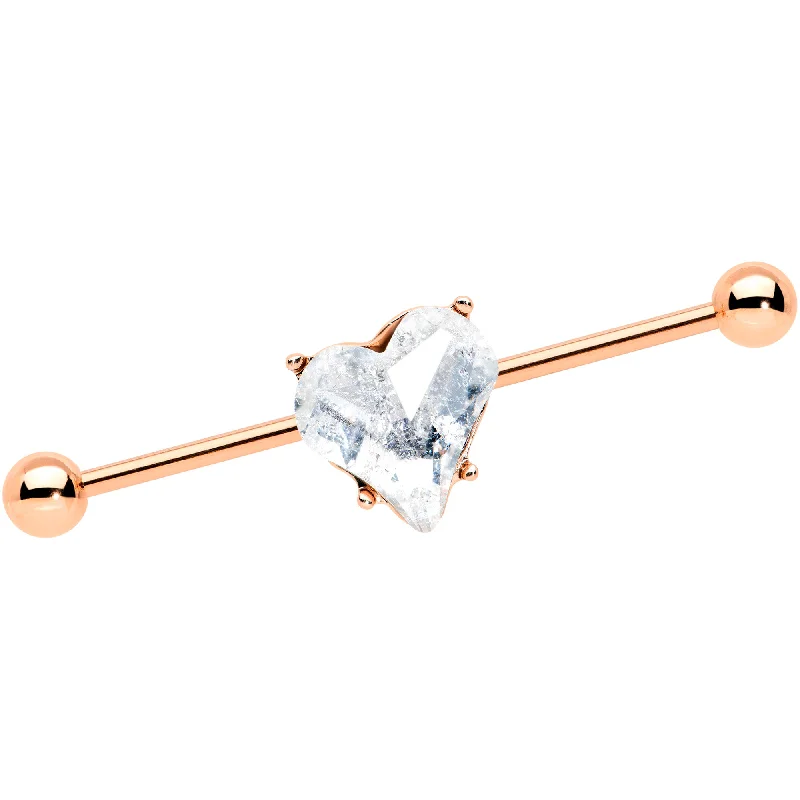 Women's Earrings – Elegant Designs for Every Personality--14 Gauge Clear Rose Gold Tone Heart Valentine Industrial Barbell 38mm
