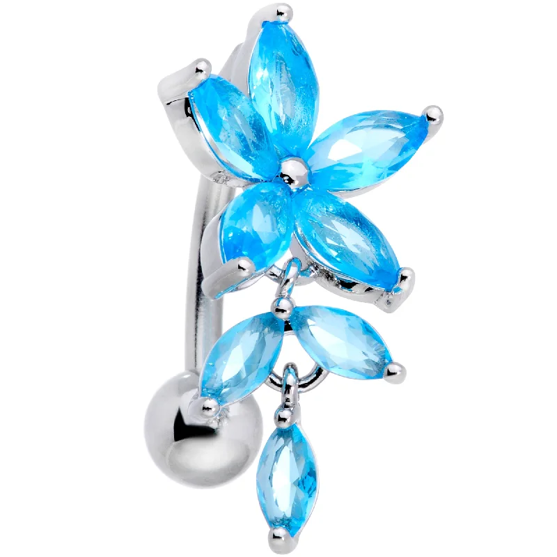 Comfortable Belly Rings for Active Lifestyles -Aqua CZ Gem Fashion Flower Dangle Top Mount Belly Ring