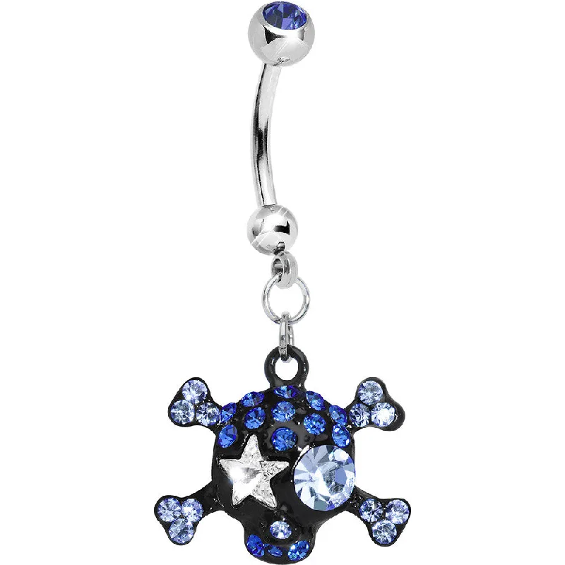 Trendy Belly Rings with Bold Details -Blue Gem Starry Eyed Skull and Crossbones Dangle Belly Ring Trendy Belly Rings with Bold Details -Blue Gem Starry Eyed Skull and Crossbones Dangle Belly Ring