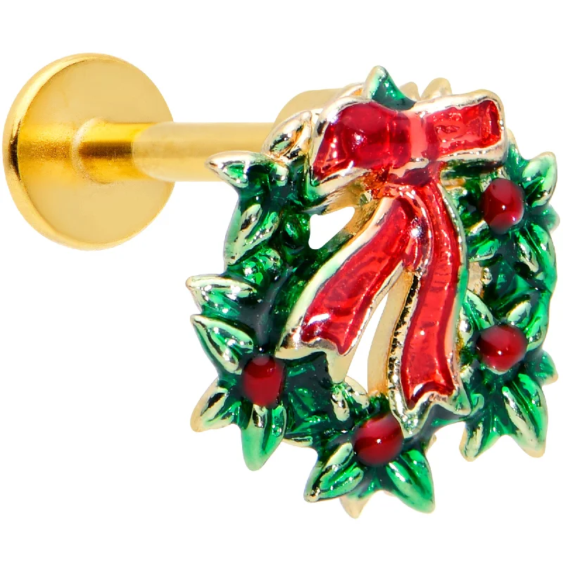 Comfortable and Stylish Lip Rings16 Gauge 5/16 Gold Tone Festive Wreath Bow Christmas Labret Tragus