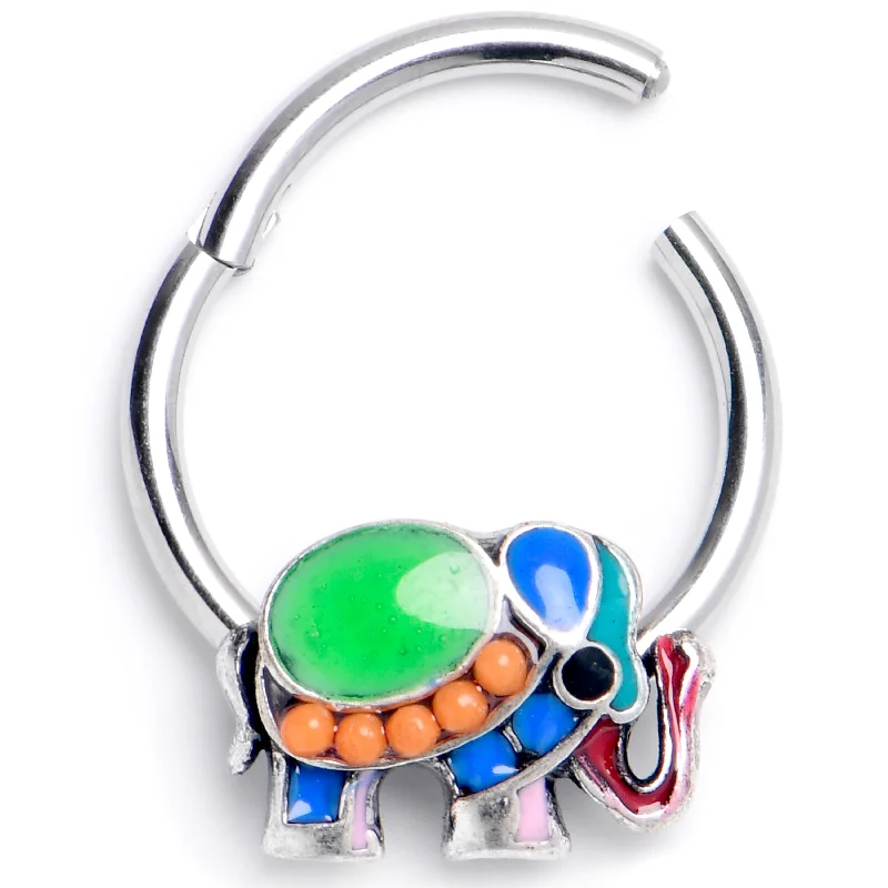 Nose Rings with Cool Patterns -16 Gauge 3/8 Green Gem Colorful Elephant Hinged Segment Ring