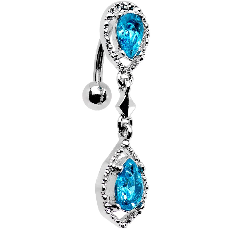 Classic Belly Rings for Elegant Style -Aqua Gem Twin Top Mount Dangle Belly Ring