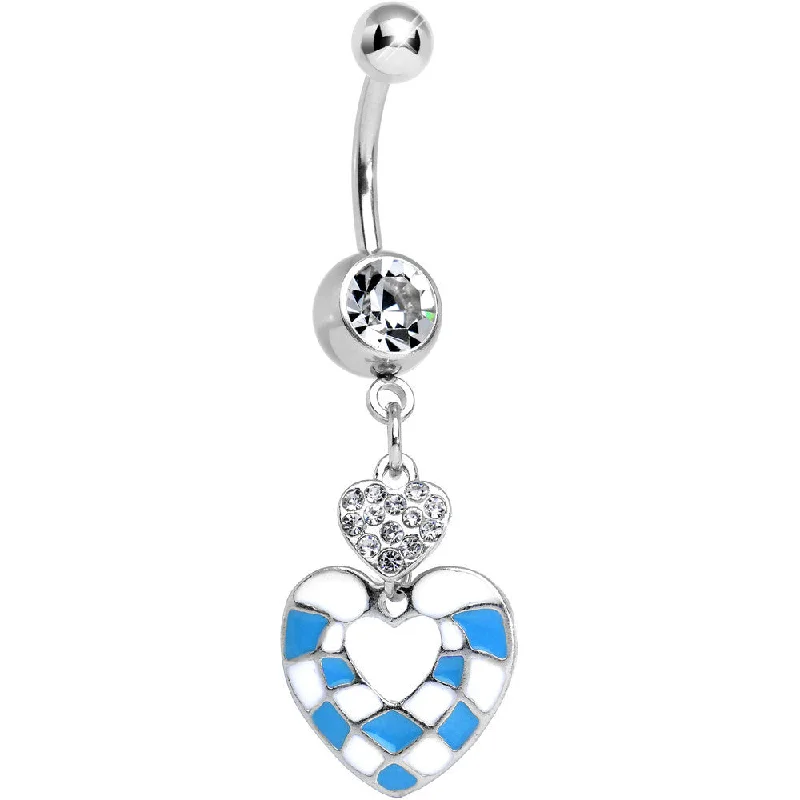Designer Belly Rings with Stunning Finish -Clear Gem Blue and White Checkerboard Queen Heart Dangle Belly Ring Designer Belly Rings with Stunning Finish -Clear Gem Blue and White Checkerboard Queen Heart Dangle Belly Ring