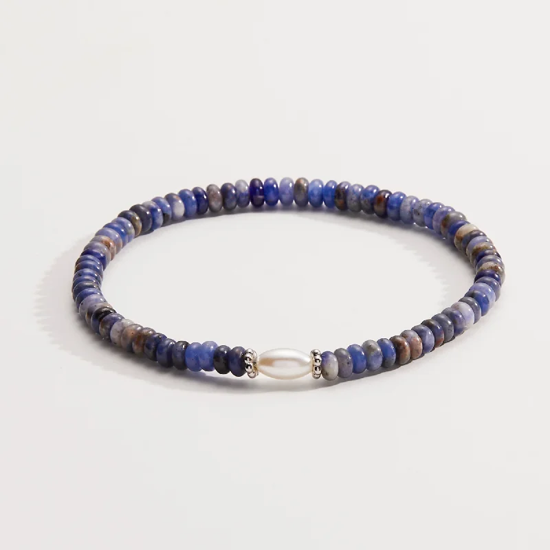 Engraved Bangles for Women-Sodalite and Pearl Stretch Bracelet