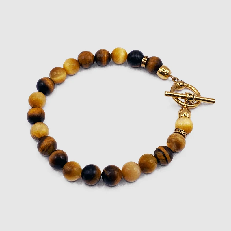 Cool Men's Bracelets for Casual Style-Tigers Eye Bead Bracelet (Gold)