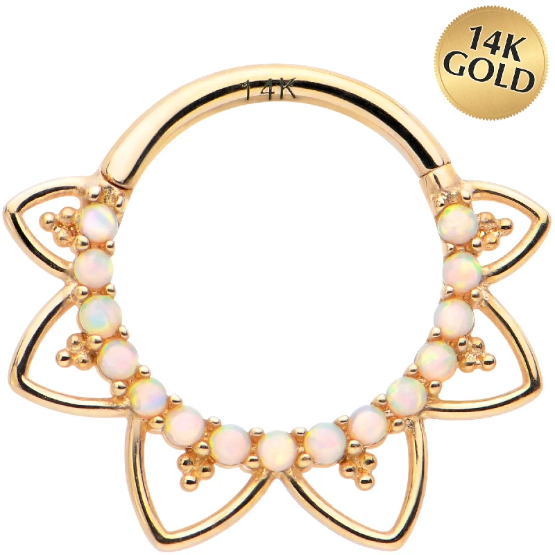 Nose Rings with Easy Closure -16 Gauge 3/8 White Synthetic Opal 14kt Yellow Gold Filigree Hinged Segment Ring Nose Rings with Easy Closure -16 Gauge 3/8 White Synthetic Opal 14kt Yellow Gold Filigree Hinged Segment Ring