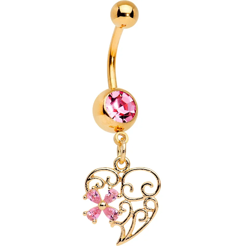 Belly Rings for Elegant Fashion -Pink Gem Gold Tone Anodized Filigree Heart Flower Dangle Belly Ring Belly Rings for Elegant Fashion -Pink Gem Gold Tone Anodized Filigree Heart Flower Dangle Belly Ring