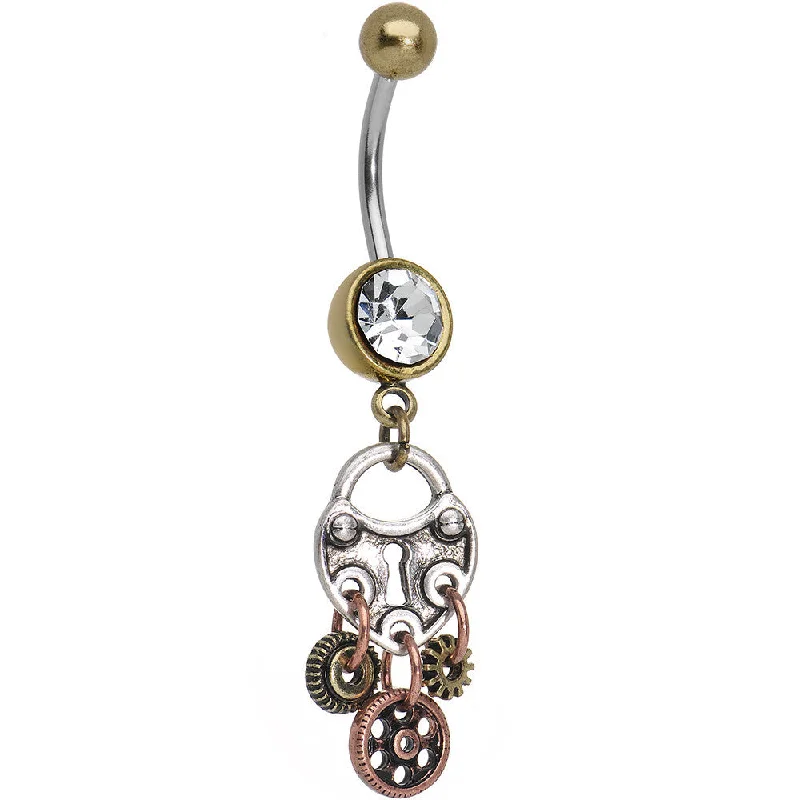 Comfortable Belly Rings with Elegant Detailing -Antiqued Brass Steampunk Padlock Heart and Gears Dangle Belly Ring Comfortable Belly Rings with Elegant Detailing -Antiqued Brass Steampunk Padlock Heart and Gears Dangle Belly Ring