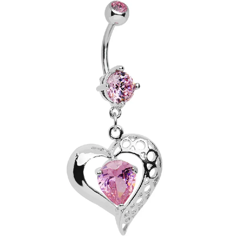 Trendy Belly Rings with Glittering Stones -Pink CZ Tender Heart Dangle Belly Ring