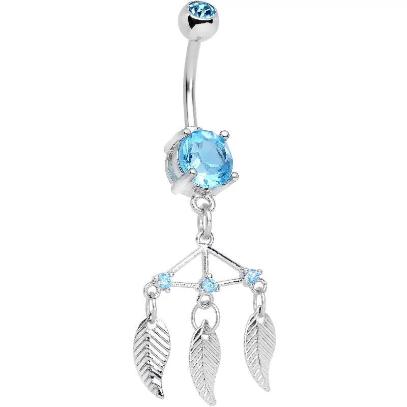 Designer Belly Rings for Dazzling Effect -Aqua CZ Gem Free Spirit Feather Dangle Belly Ring Designer Belly Rings for Dazzling Effect -Aqua CZ Gem Free Spirit Feather Dangle Belly Ring