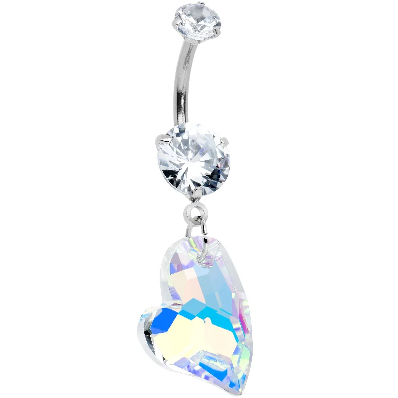 Trendy Belly Rings for Statement Fashion -Clear Aurora CZ Gem Triple Glam Heart Valentines Day Dangle Belly Ring Trendy Belly Rings for Statement Fashion -Clear Aurora CZ Gem Triple Glam Heart Valentines Day Dangle Belly Ring