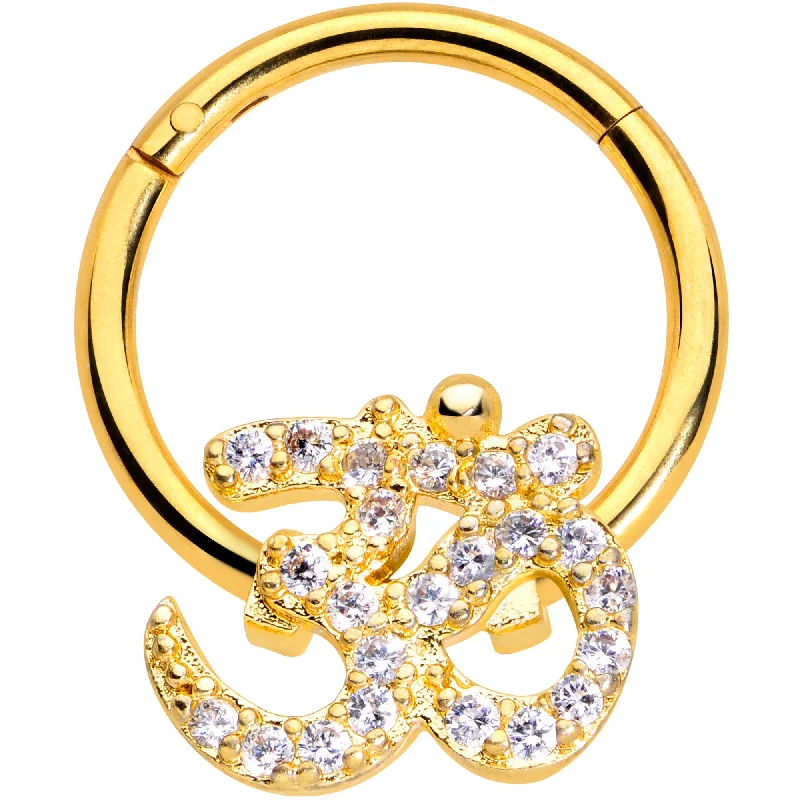 Fashionable Nose Rings for Women of All Ages -16 Gauge 3/8 Clear CZ Gem Gold Tone Amazing Om Hinged Segment Ring