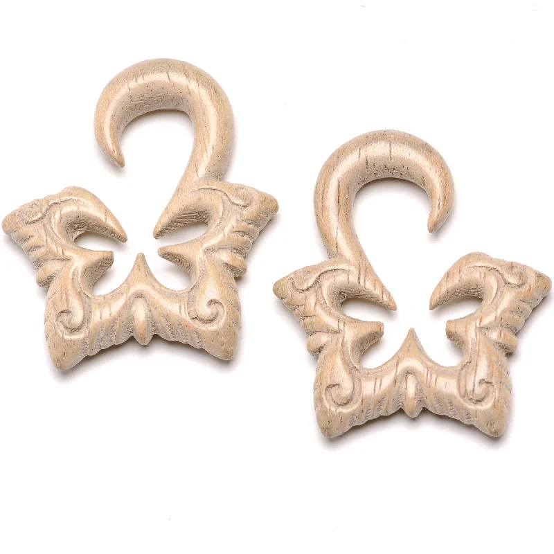 Women's Earrings – Elegant Designs for Every Personality--2 Gauge Organic Hand Carved Wood Lotus Flower Butterfly Hanger Plug Set