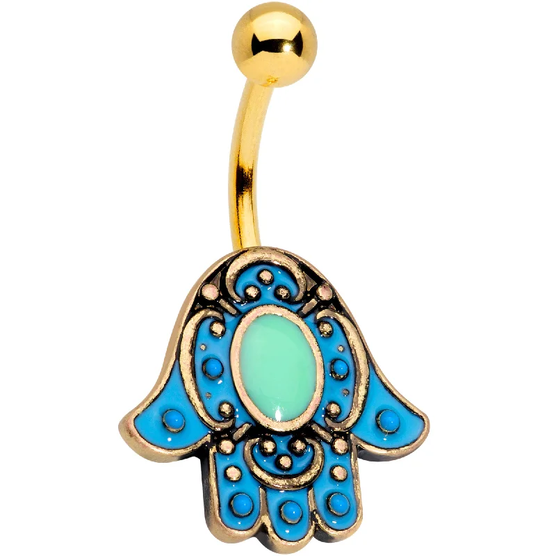 Trendy Belly Rings for Bold Fashion Statements -Gold Tone Aqua Ornate Hamsa Hand Belly Ring Trendy Belly Rings for Bold Fashion Statements -Gold Tone Aqua Ornate Hamsa Hand Belly Ring