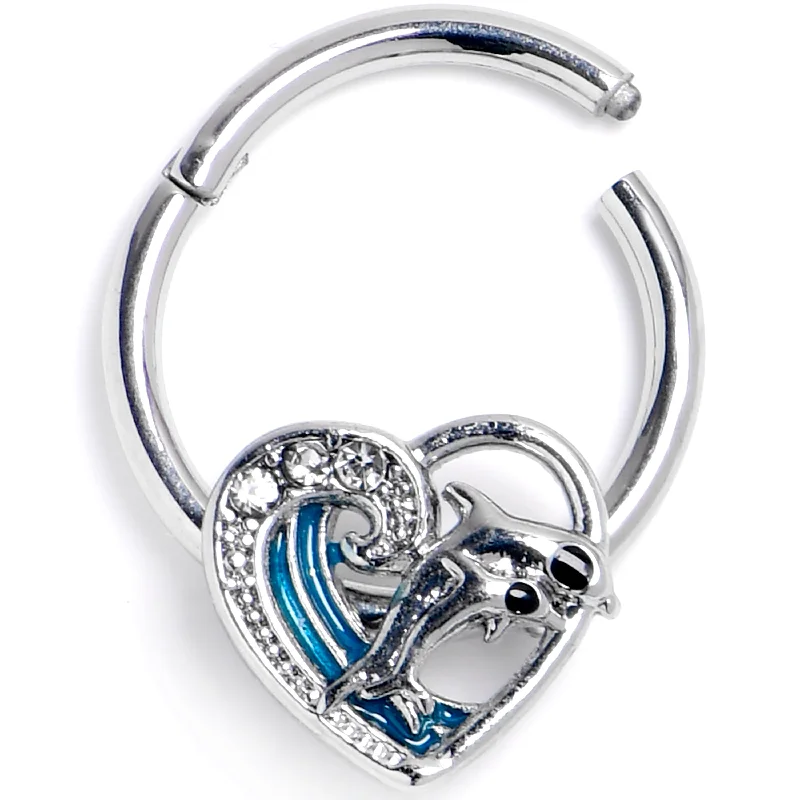 Nose Rings for Trendsetting Fashion -16 Gauge 3/8 Clear Gem Dolphin Heart Delight Hinged Segment Ring Nose Rings for Trendsetting Fashion -16 Gauge 3/8 Clear Gem Dolphin Heart Delight Hinged Segment Ring
